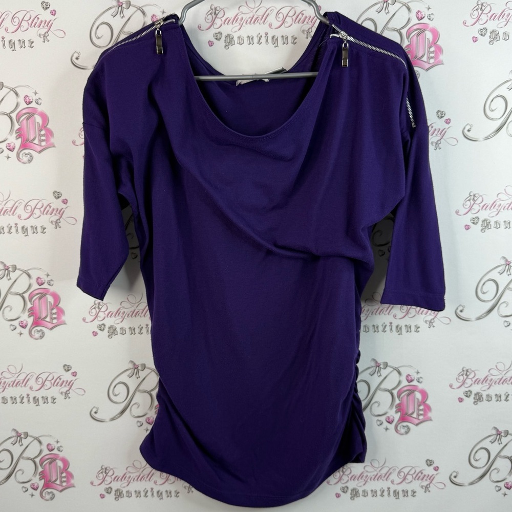 Samantha steward Blouse shirt zipper silver details cinched Elegant Purple Top